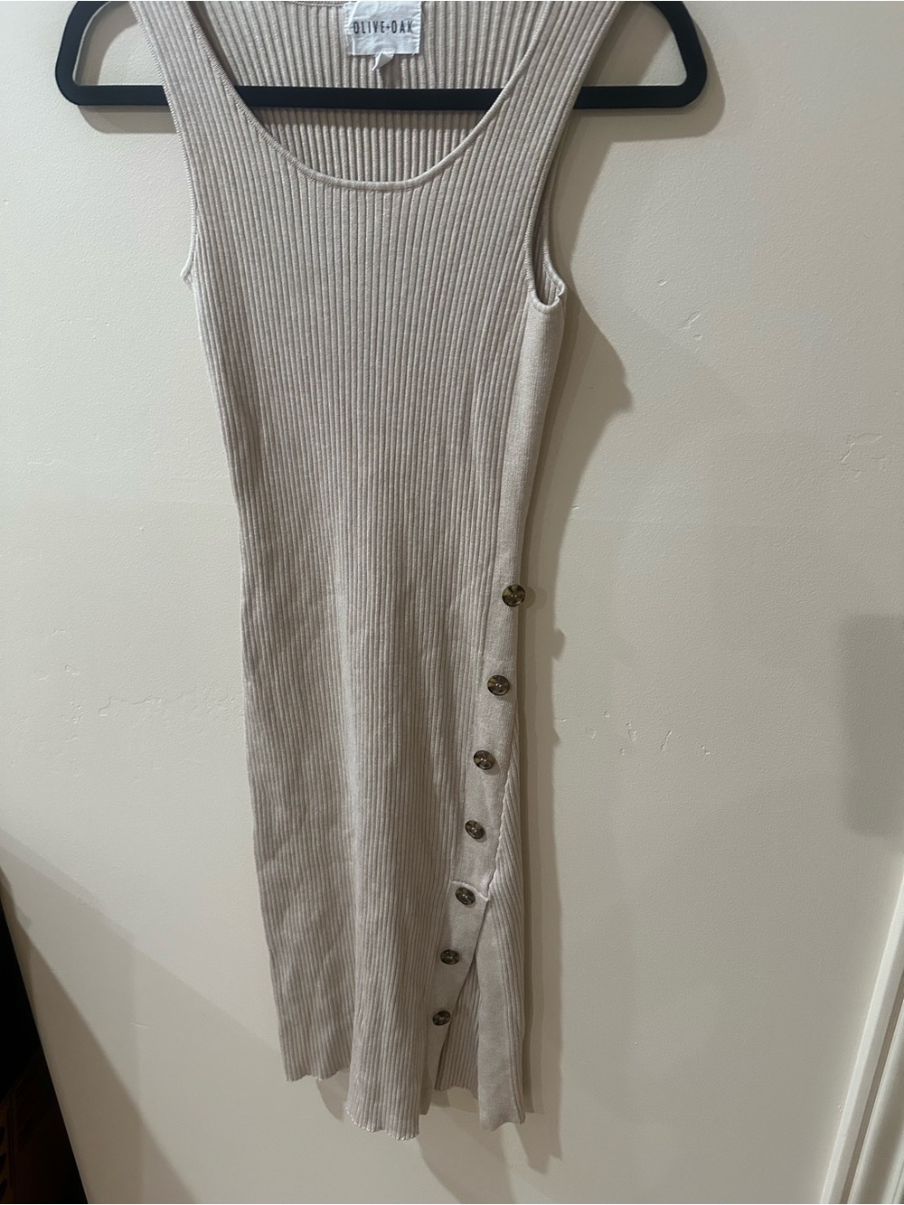 Olive & Oak Cream Ribbed Midi Tank Dress with Side Buttons
